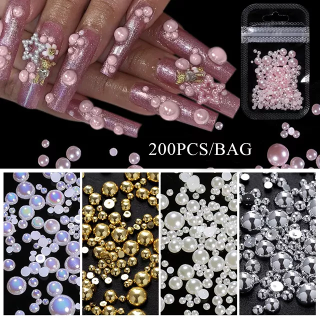 ☆ 200Pcs 3D Nail Art Pearl Shape Gothic Charms Manicure Tips Rhinestones Decor