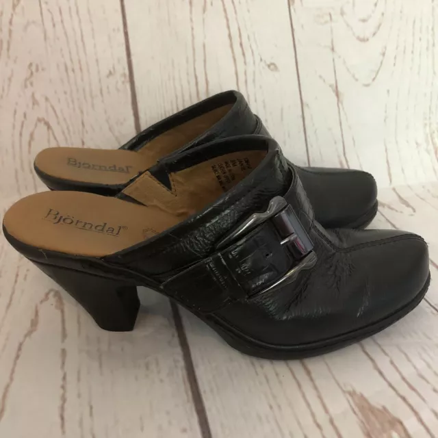 BJORNDAL Black Leather Janie Mule Clog Heel Shoe Womens Size 8 M Buckle