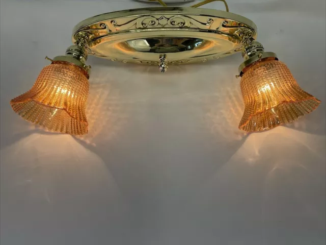 Antique Vtg Art Deco Victorian Brass & Glass Flush Mount Ceiling Fixture, 2 Bulb