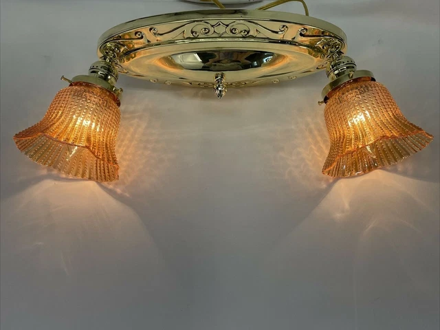 Antique Vtg Art Deco Victorian Brass & Glass Flush Mount Ceiling Fixture, 2 Bulb