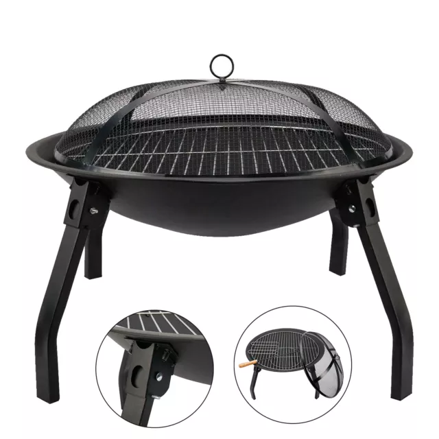 Large BBQ Grill Round Steel Fire Pit Folding Garden Patio Camping Heater Burner