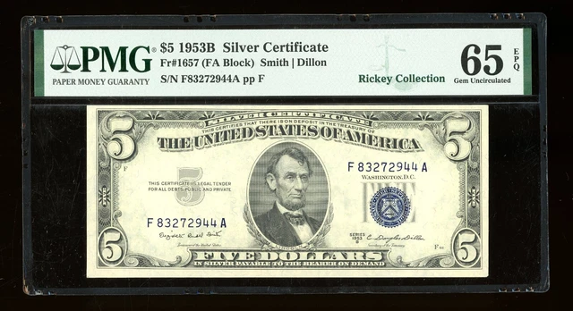 DBR 1953-B $5 Silver Gem Fr. 1657 FA Block PMG 65 EPQ Serial F83272944A