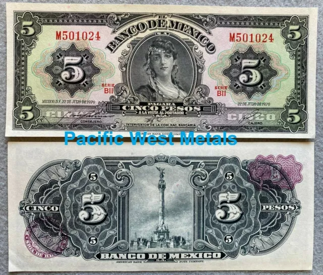 1970 Mexico 5 Pesos GYPSY UNC Mexican banknotes Billete Cinco Sin Circular CRISP