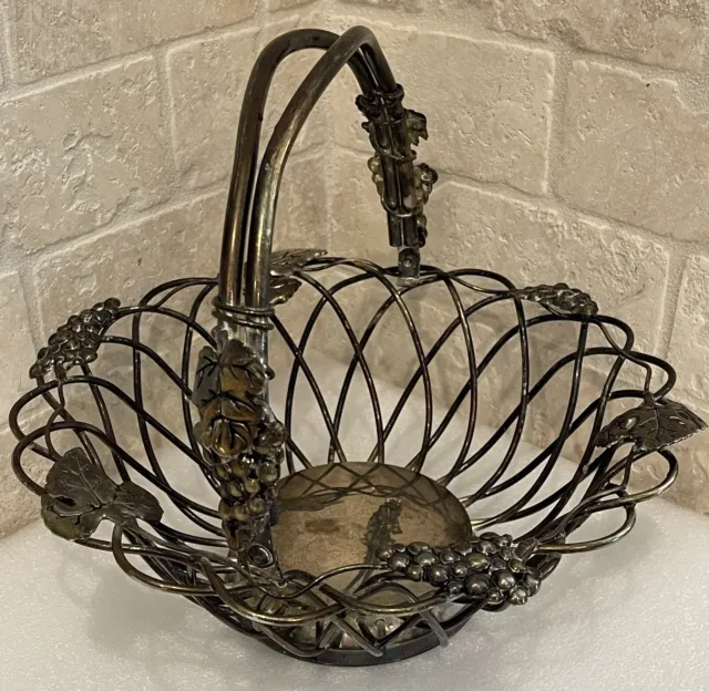 Vintage Godinger Silver Plated Wire Basket Handle 11.5”. Grapes Leaves
