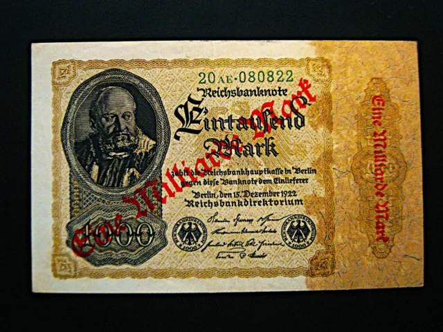 Reichsbanknote  1.000 Mark mit Überdruck auf 1 Mrd. Mark  1922  gute Erhaltung !