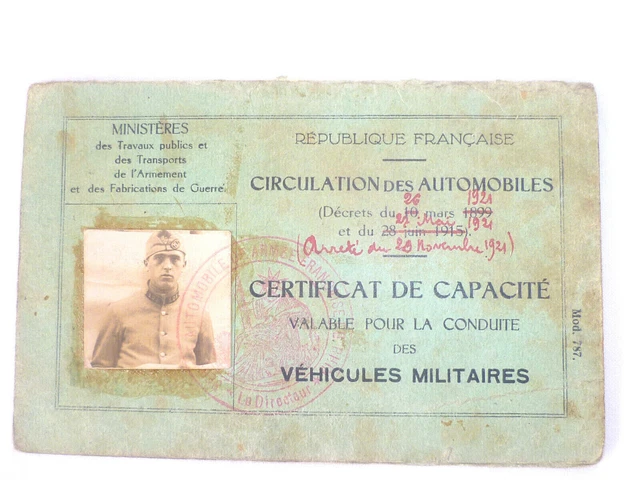 CERTIFICAT DE CAPACITÉ Conduite Véhicule Militaire 1923 EUR 22,00 ...