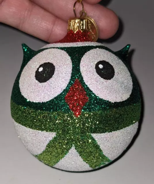 Pier 1 Imports Green & White Glitter Owl Santa Hat Christmas Ornament Glittery