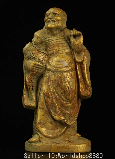 10.2" Ancient China White Jade Carved Gilt Arht Luohan Dragon Fish Stand Statue