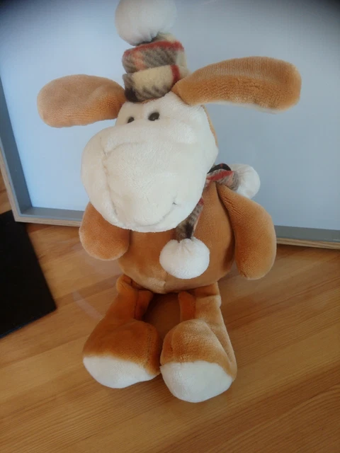 Peluche doudou chien marron blanc écharpe bonnet écossais 30cm Bambia + cadeau