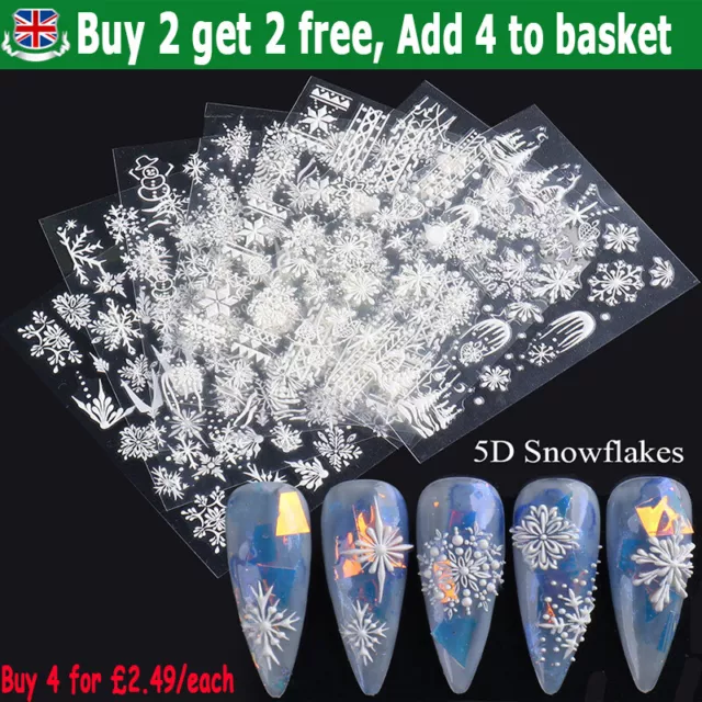 Christmas White Snowflakes Design 3D Nail Art Stickers Decals Transfers Sheet