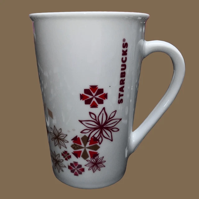 STARBUCKS Holiday Poinsettia Snowflake Coffee Tea Mug Red Gold Christmas 12 oz