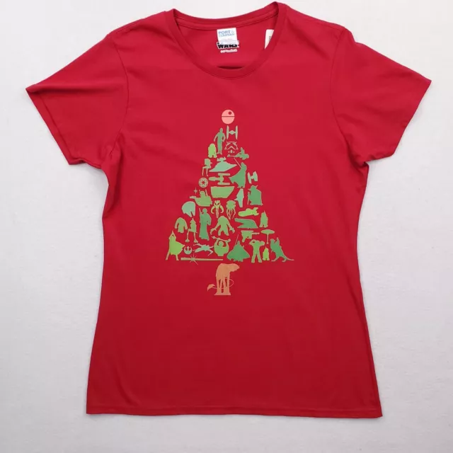 Star Wars Shirt Womens Medium Red Christmas Tree Character Graphic Short Sleeve