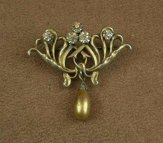 Belle Broche Ancienne Art Nouveau En Vermeil Argent Massif Pierres Perle