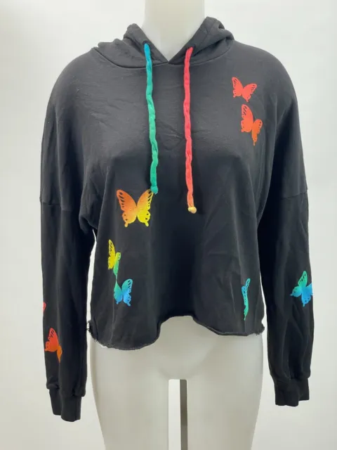 Lauren Moshi Cropped Butterfly Effect Print Hoodie Sweatshirt Top Size S