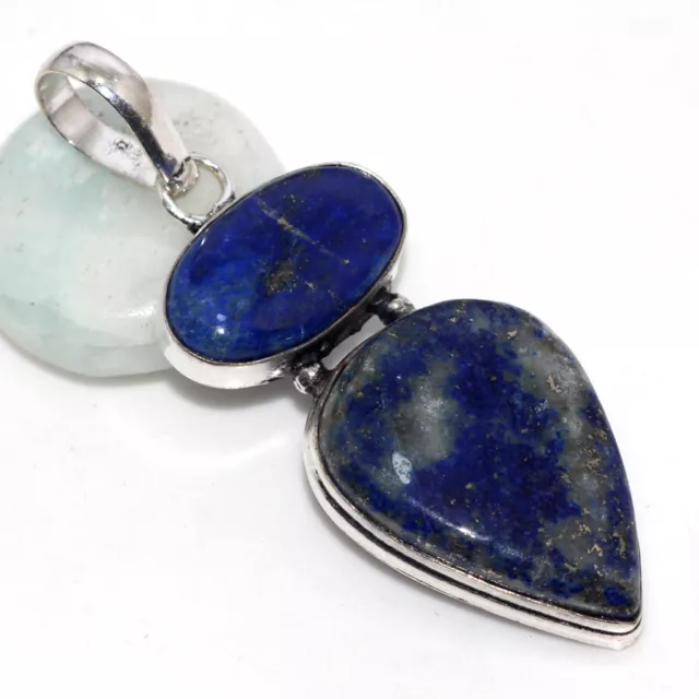 Lapis Lazuli 925 Silver Plated Long Gemstone Pendant 2.3" Valentine Jewelry GW