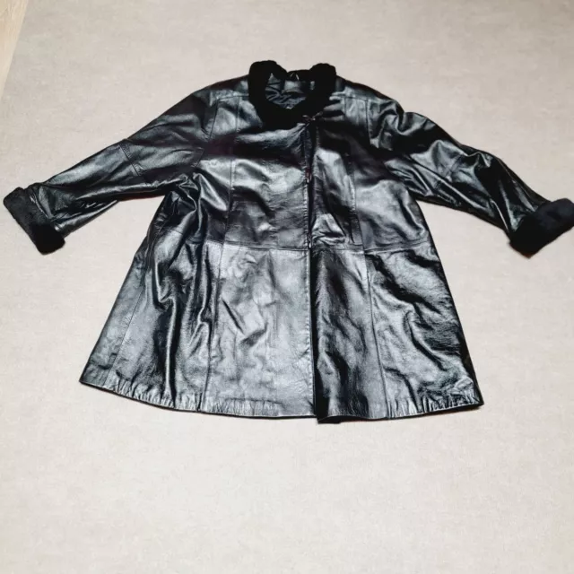 VINTAGE MODELE CHOMBERT Leather Coat Jacket Women’s XL Black Fur Collar ...