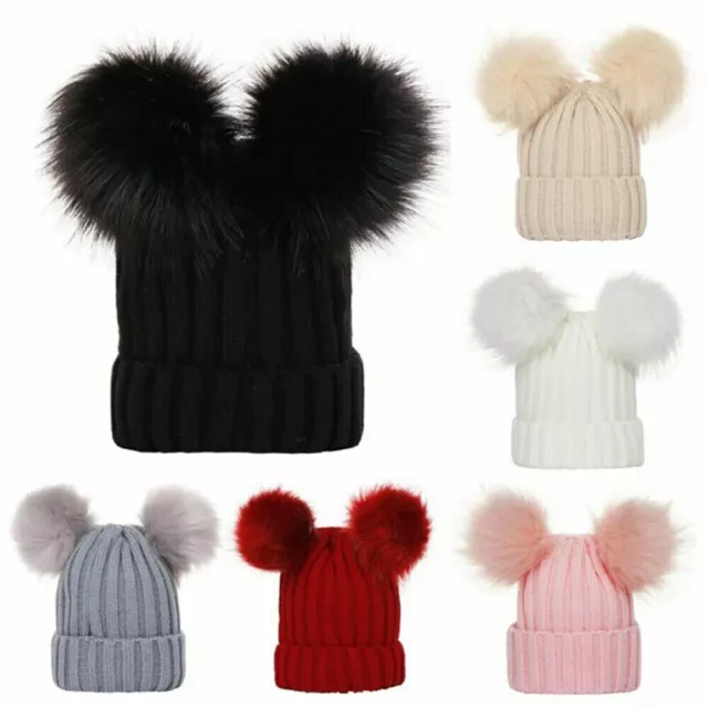 Newborn Kids Baby Boy Girl Double Fur Pom Hat Winter Warm Knit Bobble Beanie