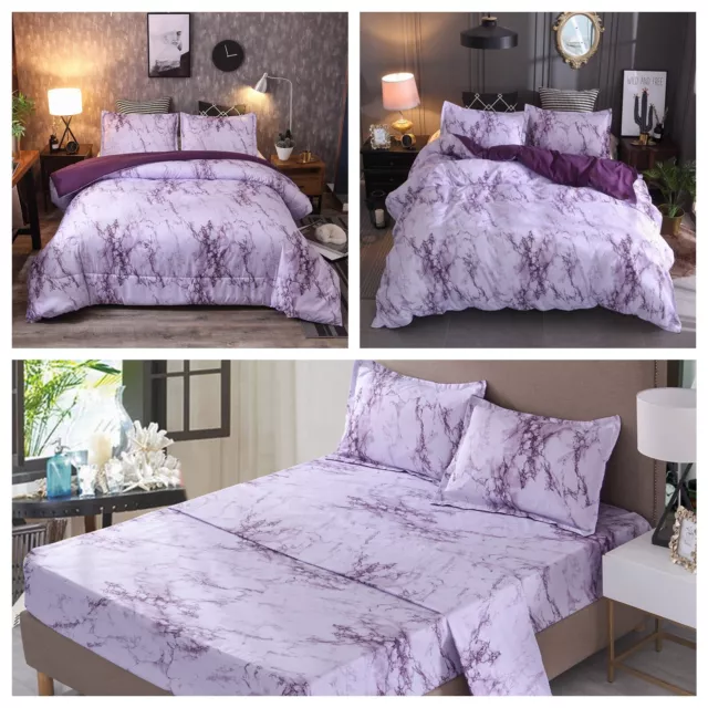 Purple Marble Floral Quilt Doona Duvet Cover Set All Size Bedding Comforter Set