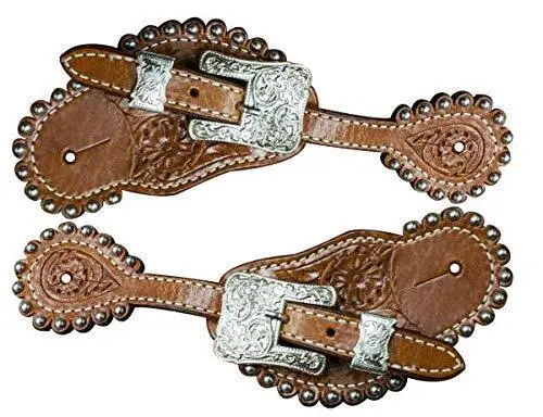 Showman Ladies Size Floral Tooled Leather Spur Straps w/ Engraved Silver Buckles