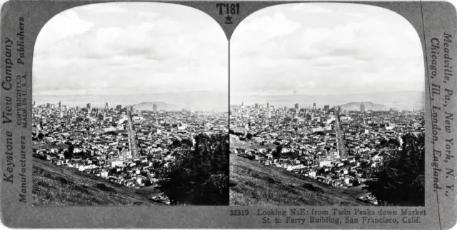 c.1920 SAN FRANCISCO TWIN PEAKS VIEW to MARKET STREET,FERRY BLDG. & BAY~NEGATIVE