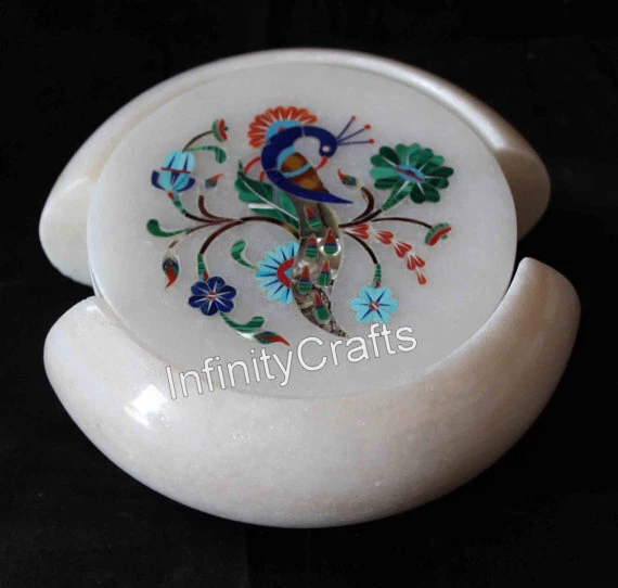 4.5 Inches Marble Tea Coaster Set Inlaid with Peacock Pattern Table Master Piece