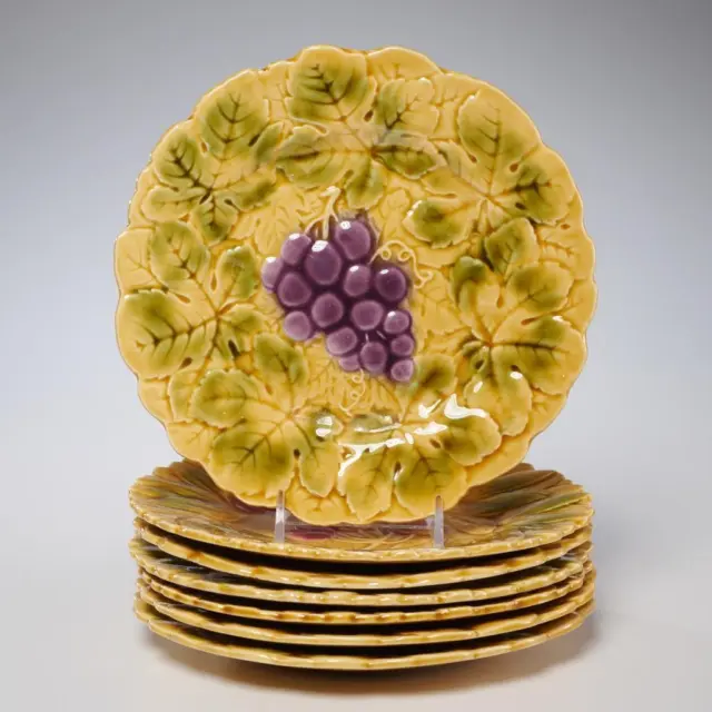 7-pc Sarreguemines Majolica French Pottery Yellow Fruit Dessert Serving Plates