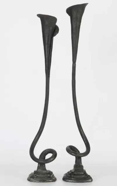 Vintage Hand-Forged Wrought Iron 21" Lily Candle Holders Pair Signed