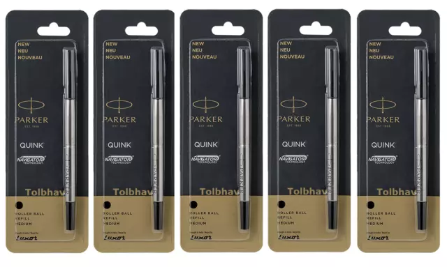 5 X Parker Quink Roller Ball Rollerball Pen Refills Black Ink Medium Nib New