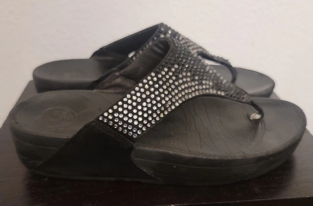 FitFlop Flare Rhinestone Black Gray Womens Suede Toe Size 6 Flip Flop Sandals