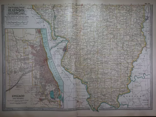 1897 Century Atlas Map ~ SOUTHERN ILLINOIS ~ (12x18) ~ Free S&H #253