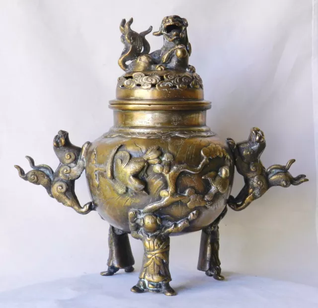 Antique LARGE 19thC Chinese Gilt Bronze Tripod Censer 5.56lbs Incense Qing