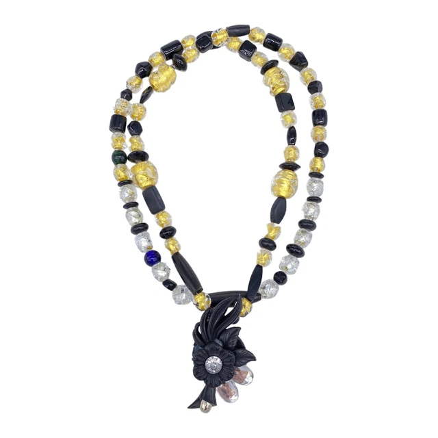 Murano Glass Bead Necklace Vintage Venetian Glass 24k Gold Foil Flower Pendant