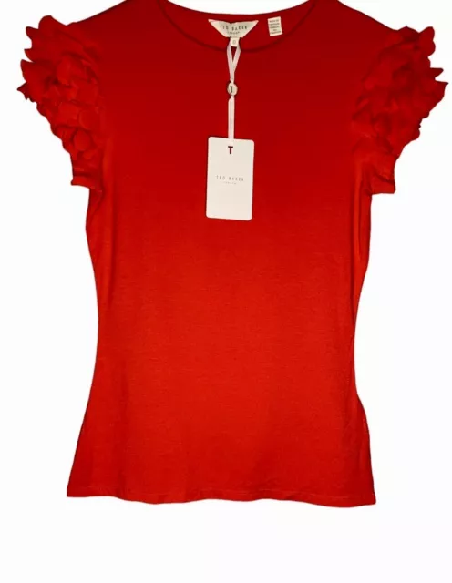 Ted Baker London Floral Applique Sleeve Tee Top  Mid Red Size 2