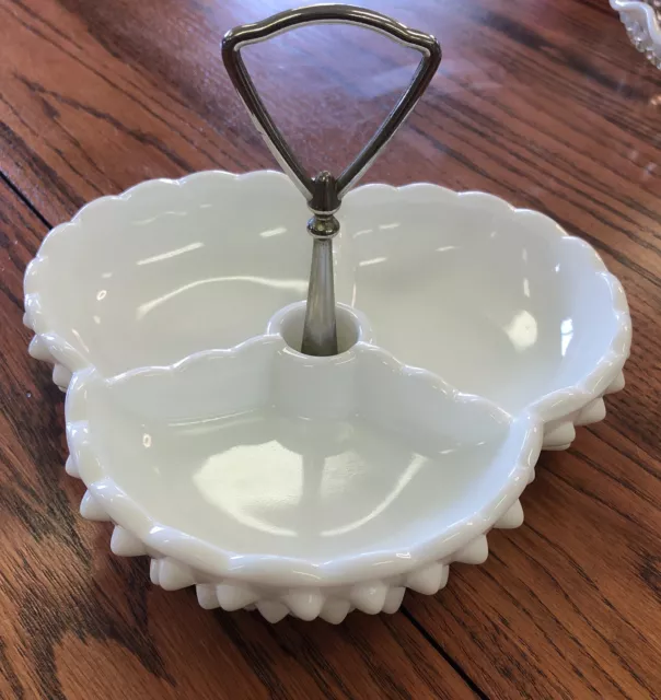 Fenton Vintage Divided White Milk Glass Hobnail Candy Dish with Handle