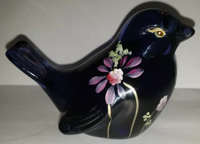 Fenton Purple Blue Bird of Happiness w Hand Painted Flowers Signed T Neader