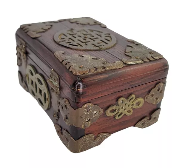 Antique Chinese Natural Rosewood Hand Carved Brass Jewelery Trinket Box L. Shoi 3
