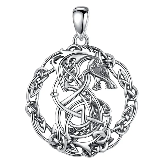 925 Sterling Silver Viking Wolf Pendant with Celtic Knotwork