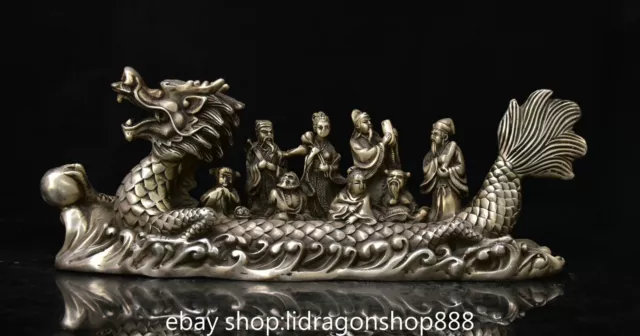 7.6" Old Chinese Copper Silver Fengshui Dragon Huit Immortels Statue