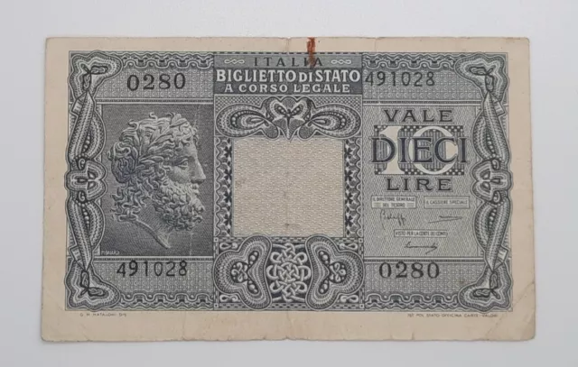 1944 - Biglietto Di Stato, ITALY - 10 Italian Lire Banknote Bill No. 0280 491028