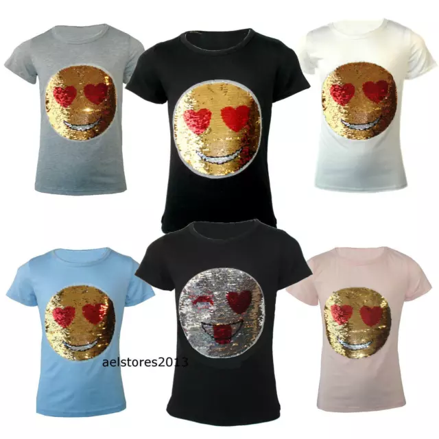 T-shirt bambini Emoji Emoticon Smiley Face spazzola top cambio paillettes età 3-14 Y