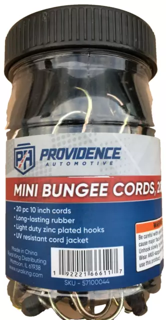 20 Pc 10" Mini Bungee Cords With Light Duty Hooks In A Jar