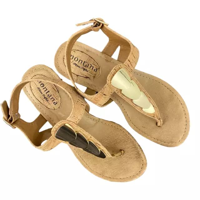 Montana Artisan Crafted Beige T-Strap Ankle Low Wedge Sandals Women's Size 6.5M