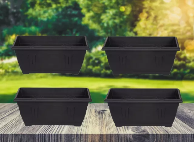 4 Venetian Window Box Trough Planters Small 40cm Plastic Plant Pot Black Colour