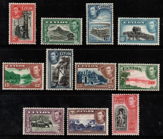 CEYLON 1938 - 49 KING GEORGE VI AND PICTORIALS 2c TO 2Rs. SET OF (11) MH