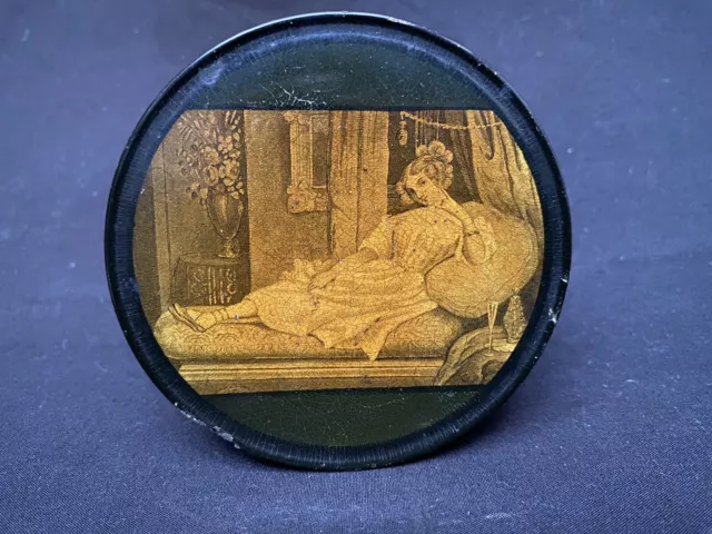 Antique 18th C Paper Mache Snuff Box Transferware Madame Recamier French Lacquer