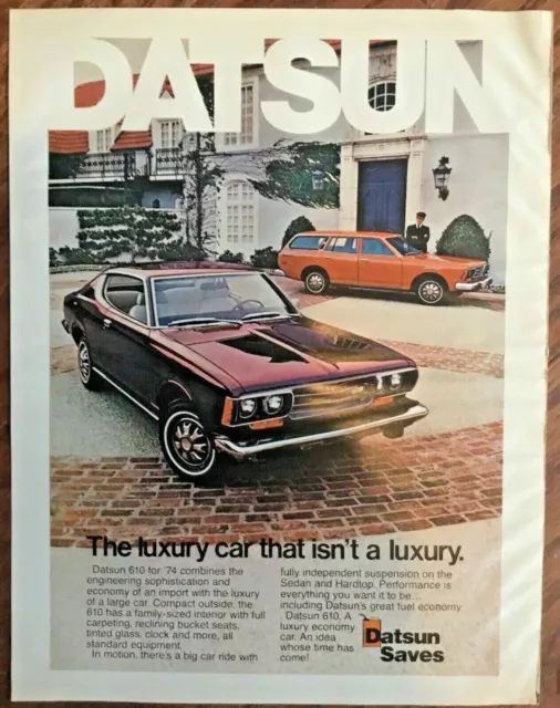 Datsun 610 auto ad 1974 vintage original print 1970s retro car art sedan purple