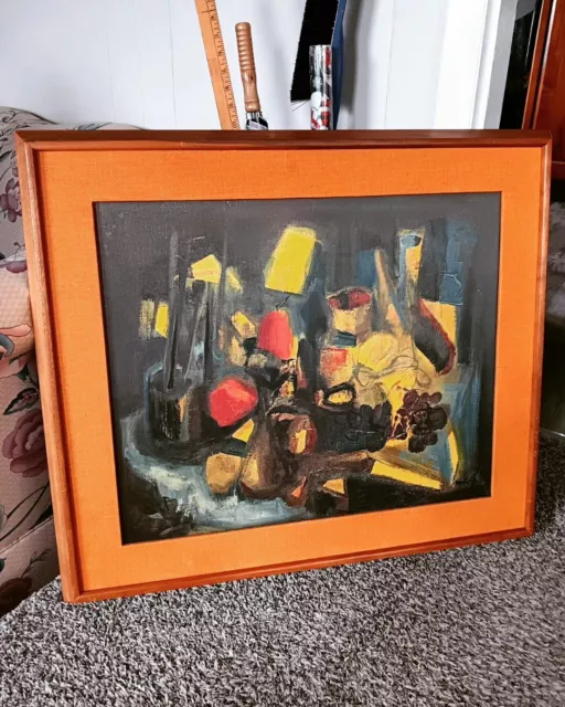 Vintage 20th Mid Century Modern Abstract Still Life Oil Painting on Board Signed
