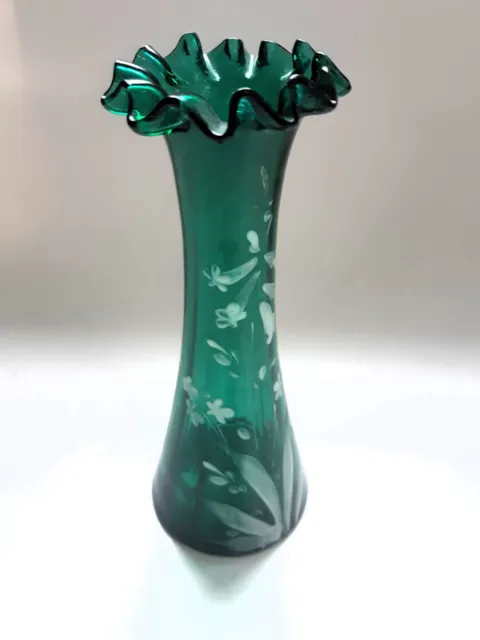 Antique Hand Blown Glass Vase Green 6 3/4” Hand Painted Floral Ruffled Top
