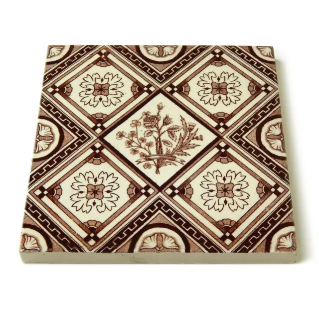 Antique Tile Victorian Aesthetic Floral Jackson Clay Hearth Transfer Brown White 8