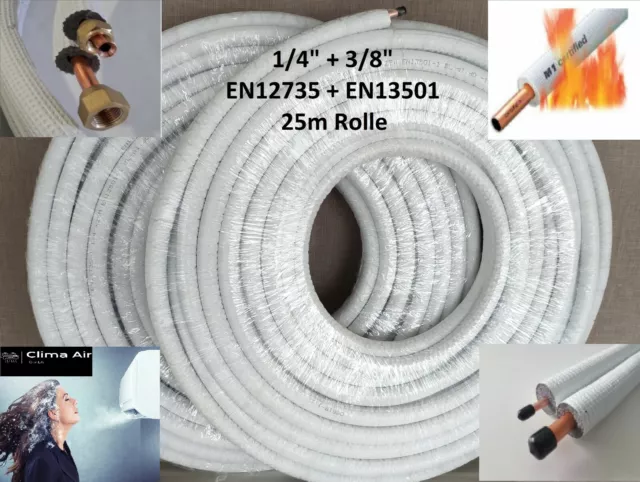 Kältemittelleitung 25m 1/4" 3/8" Klimaanlagen Kupferrohr Isoliert R32 EN12735